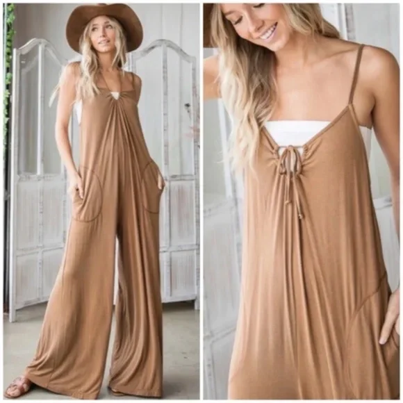SOLD OUT Camel Bohemian Solid Convertible Oversized Wide Leg Casual Jumpsuit - Picture 2 of 5